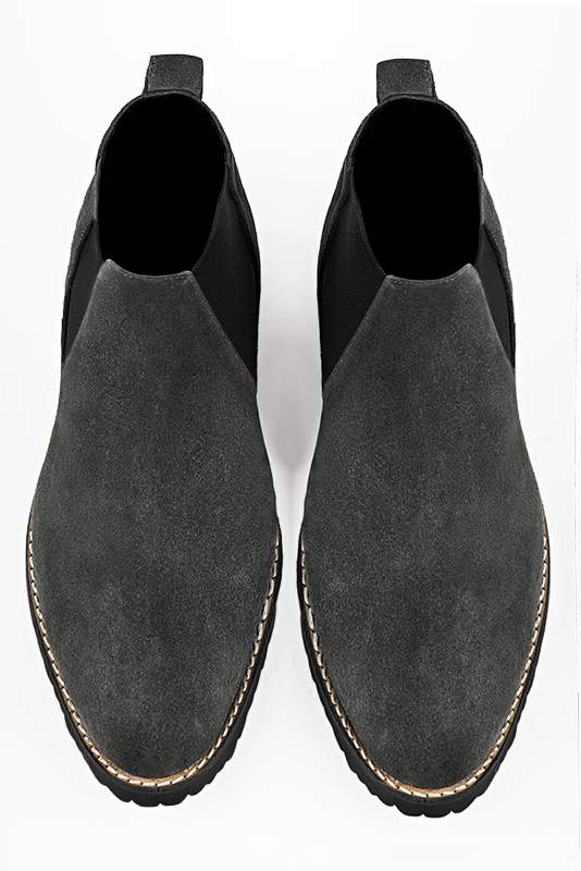 Dark grey and matt black dress ankle boots for men. Round toe. Flat rubber soles. Top view - Florence KOOIJMAN